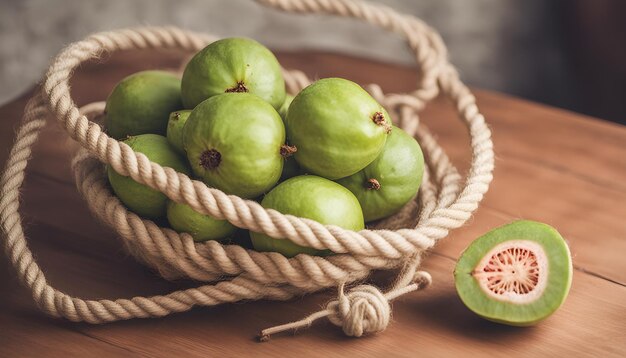 una cesta de higos verdes con una cuerda atada a su alrededor y una cesta de paja de frutas verdes