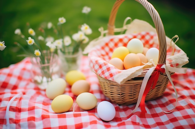 Cesta con huevos y cintas sobre una manta de picnic a cuadros