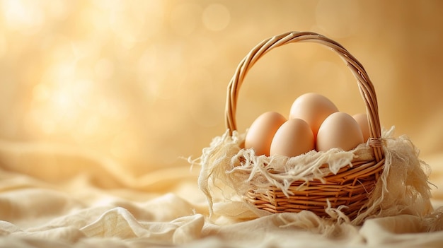 Foto una cesta con huevos en ella y una cesta con un fondo dorado