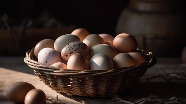 Cesta de huevos de gallina en una mesa de madera sobre una granja en el campo