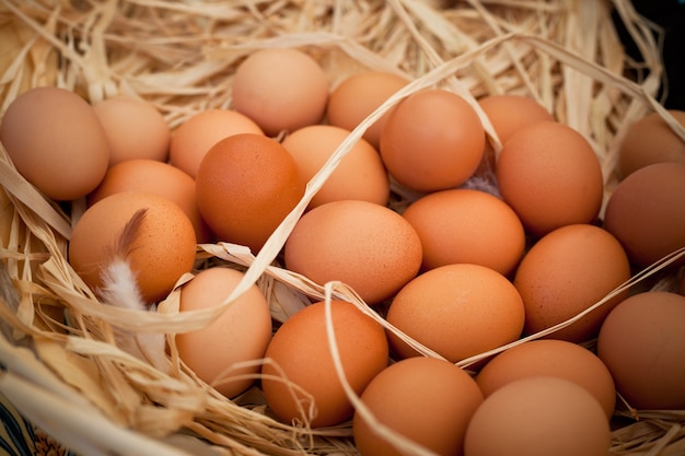 Cesta de huevos orgánicos en un mercado de agricultores rurales