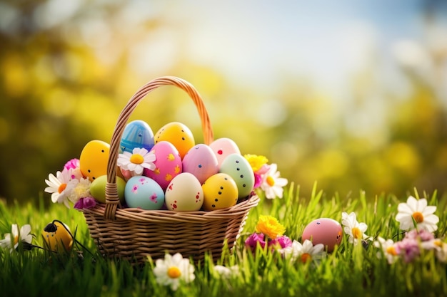 Cesta de huevos de Pascua en un campo de flores IA generativa