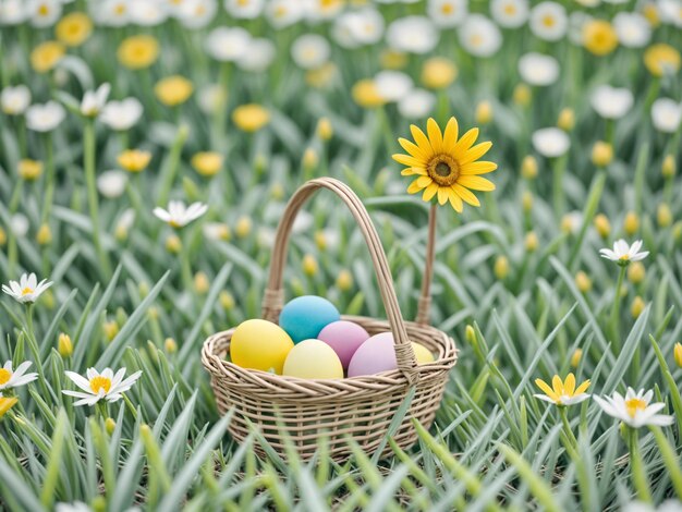 Cesta de huevos de Pascua en un campo de flores