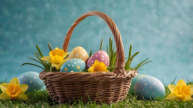 una cesta de huevos de Pascua con una cesta de flores en el césped