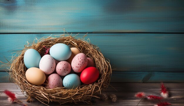 Cesta con huevos de Pascua coloridos en un fondo de madera