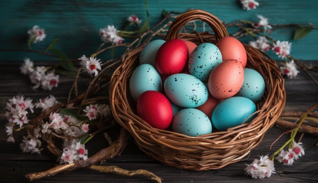 Cesta con huevos de Pascua coloridos en un fondo de madera