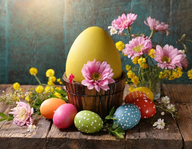 una cesta de huevos de Pascua con flores y una cesta de flores