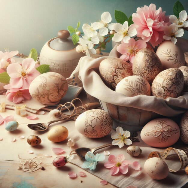 Foto cesta de huevos de pascua pintada y decorada con huevos de pascua en un fondo vintage