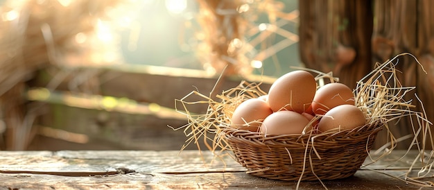 cesta de huevos de pollo en una mesa de madera sobre la granja