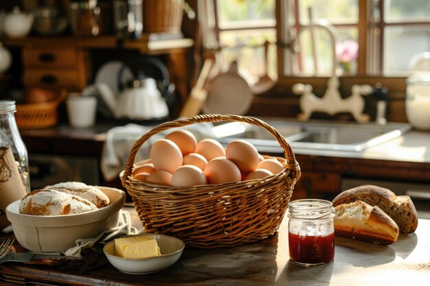 cesta con huevos de pollo pan de mantequilla en una cocina de granja