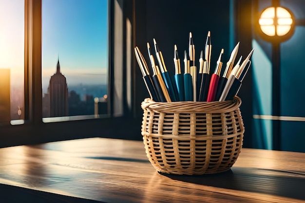 Una cesta de lápices sobre un escritorio con una ciudad al fondo.