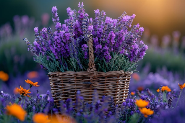 Cesta con lavanda en el campo