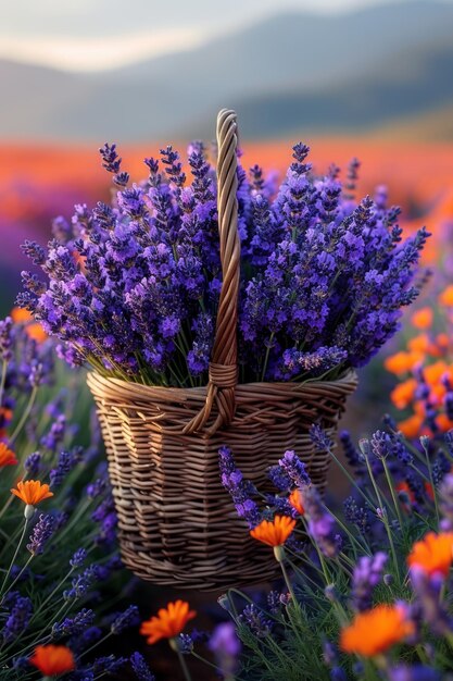 Foto cesta con lavanda en el medio del campo