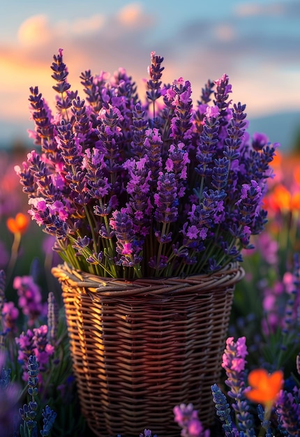 Cesta con lavanda en el medio del campo