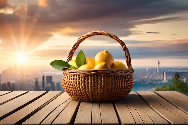 Cesta de limones en una mesa de madera con una ciudad al fondo