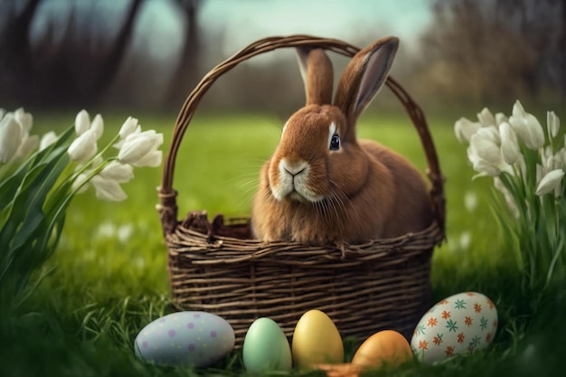 Cesta con un lindo conejo esponjoso y huevos de Pascua multicolores. diseño de pascua