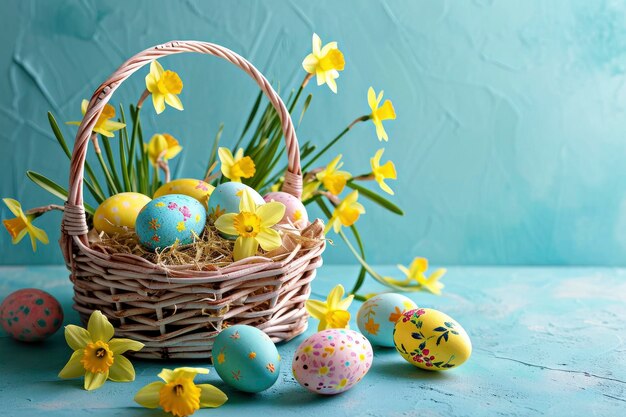 cesta llena de huevos coloridos con narcisos en un fondo azul