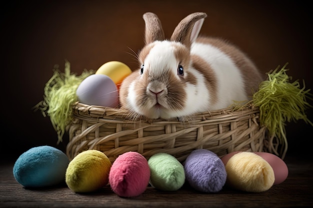 Cesta llena de huevos de Pascua de colores brillantes rodeados por un campo de flores florecientes y un conejito feliz Ilustración de Pascua ai generativo