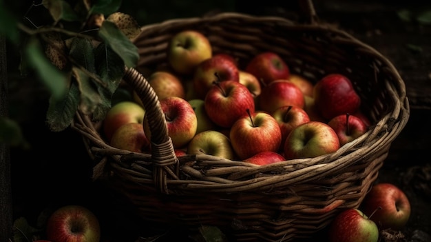 Cesta llena de manzanas recién cortadas generadas por IA