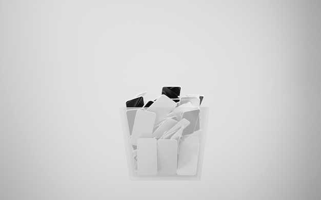 Cesta llena de teléfonos celulares Compras de teléfonos inteligentes en línea Paquete vacío de bolsa transparente blanca sobre fondo gris aislado Ilustración 3d Compra de dispositivos móviles Hacer compras y pedidos en Internet