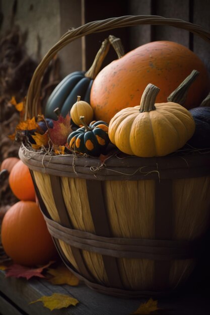 Cesta de madera con calabazas de colores y hojas de otoño creadas con tecnología de IA generativa