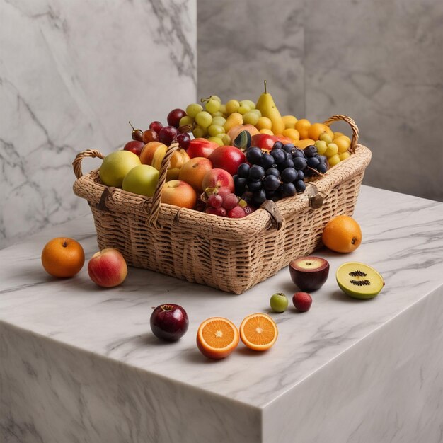 Cesta de madera con frutas de temporada en superficie de mármol