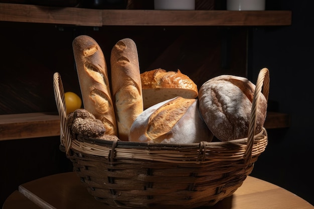 Cesta de madera de tres niveles rebosante de pan fresco y crujiente creado con IA generativa