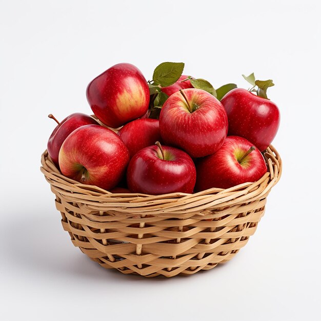 Cesta de manzana roja fresca aislada sobre fondo blanco Manzana de envidia roja con hojas sobre blanco