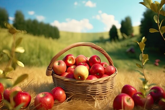 Cesta de manzanas en un campo con un cielo azul de fondo