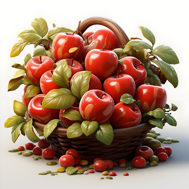 Cesta con manzanas y cerezas en fondo blanco ilustración 3d.