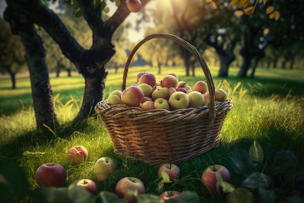 Cesta con manzanas en el jardín de verano Ilustración Generativa AI
