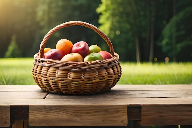 Cesta de manzanas en una mesa en un campo