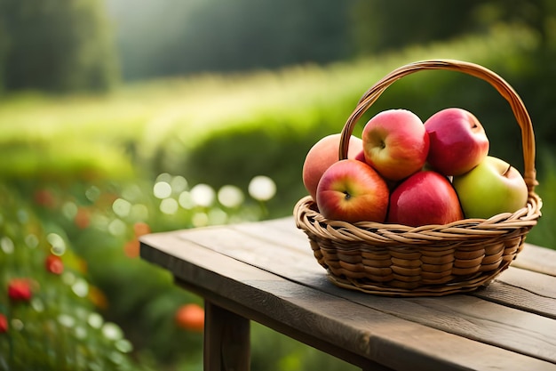 Cesta de manzanas en una mesa en un jardín.