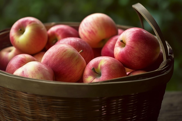 Una cesta de manzanas rojas con un fondo verde