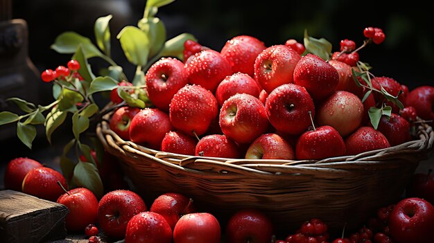 Cesta de manzanas rojas sobre la hierba verde en un huerto de manzanas