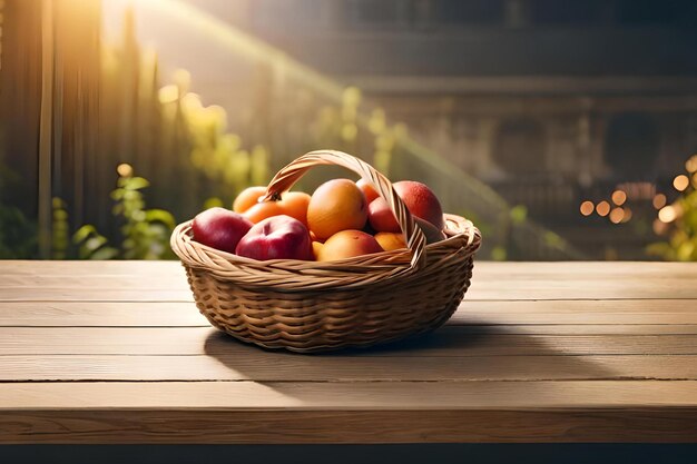 Una cesta de manzanas sobre una mesa con una copa de vino tinto.