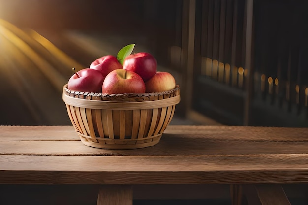 una cesta de manzanas sobre una mesa con un fondo borroso