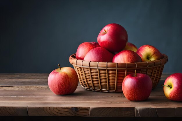 Una cesta de manzanas sobre una mesa de fondo oscuro.