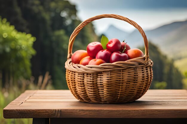 Una cesta de manzanas sobre una mesa con una montaña al fondo