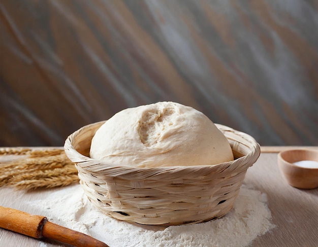 Cesta con masa y grano en una mesa de madera