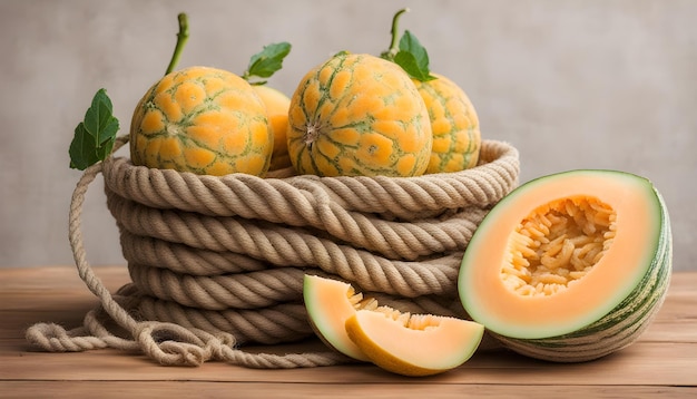 una cesta de melones con una cesta de frutas en la mesa