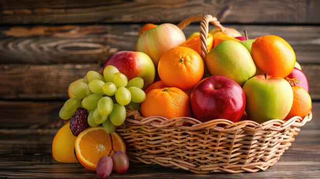 Cesta de mimbre desbordante con una variedad colorida de frutas frescas como manzanas naranjas y uvas que muestran abundancia y salud