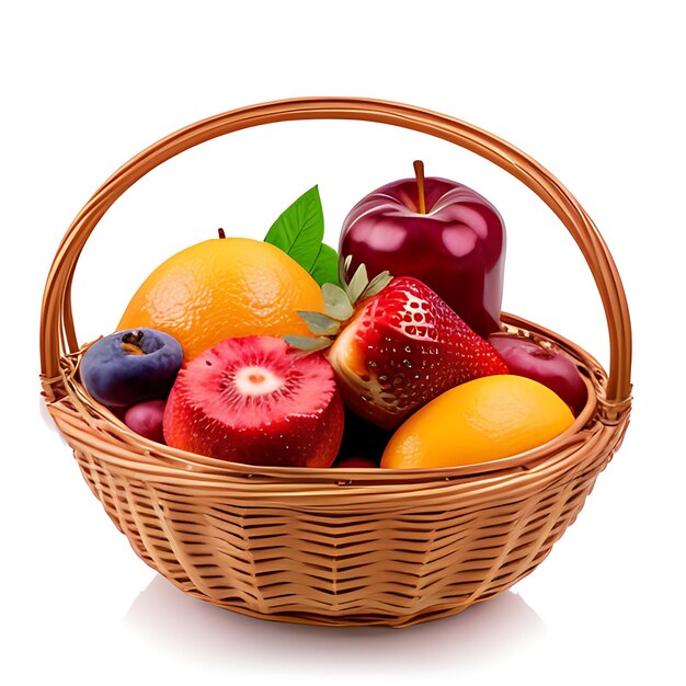 Foto cesta de mimbre con diferentes frutas sobre fondo blanco generada por la ia