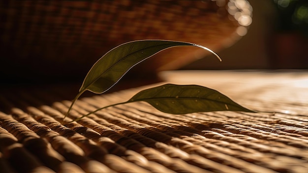 Una cesta de mimbre con una hoja verde