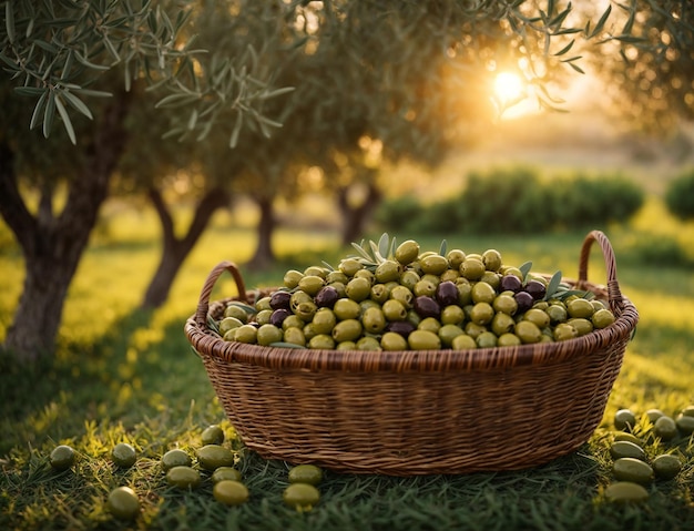 Cesta de mimbre llena de aceitunas frescas y olivos al fondo