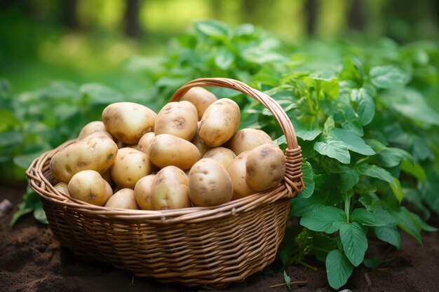 Cesta de mimbre llena de patatas en el fondo de hojas verdes