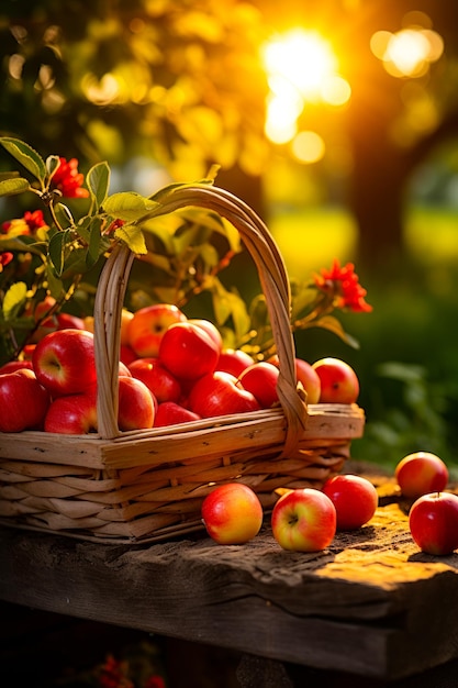 Cesta de mimbre de manzanas rojas y amarillas frescas al aire libre Fruta recogida en el jardín telón de fondo borroso IA generativa