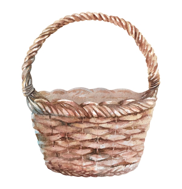 Cesta de mimbre marrón con mango ilustración de acuarela dibujada a mano aislada sobre un fondo blanco