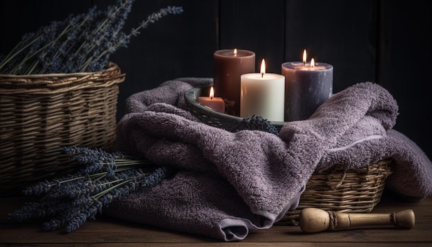 Cesta de mimbre orgánico con velas perfumadas para terapia de relajación de spa generada por IA