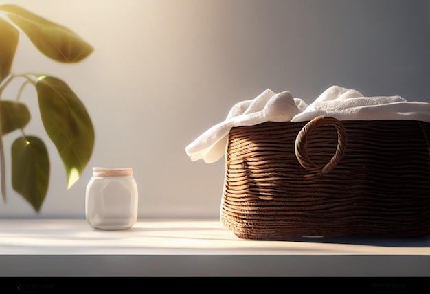 Cesta de mimbre de paja y toalla blanca de tela de algodón natural sobre fondo claro Materiales ecológicos naturales Generados por IA